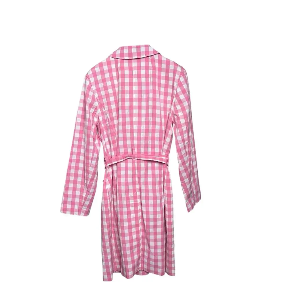 Talbots NWT Gingham Trench Coat Size XL Pink White Belted Cotton Blend Jacket - Picture 5 of 9